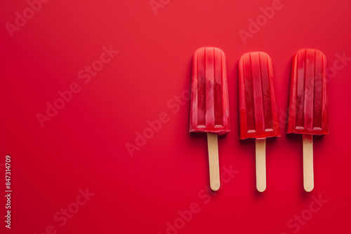 Photo of three Popsicle of different color, colorful background, summer theme
