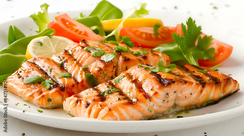 A plate of freshly grilled fast food salmon with vibrant colors and rich flavors A plate of freshly grilled fast food salmon with vibrant colors and rich flavors
