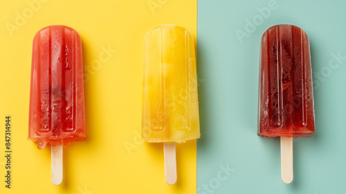 Photo of three Popsicle of different color, colorful background, summer theme 