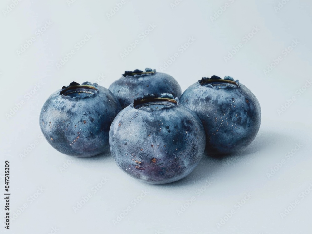 A cluster of fresh blueberries sitting on a white background