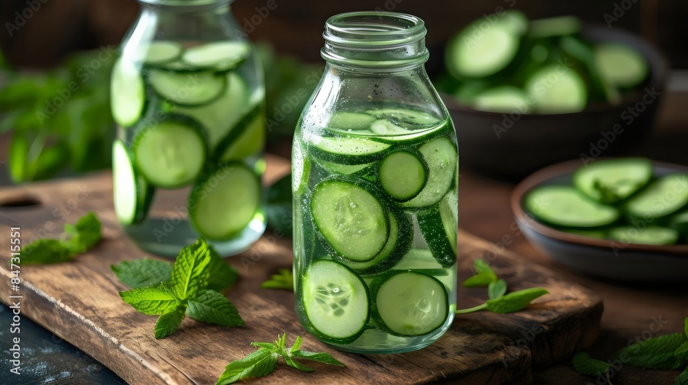 Two jars of cucumber slices are on a wooden table Two jars of cucumber slices are on a wooden table