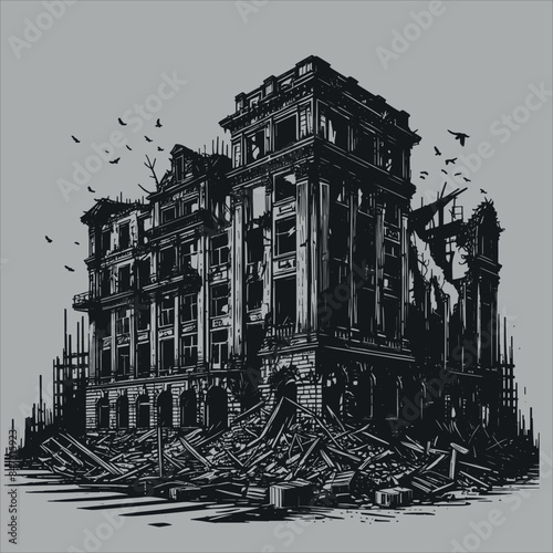 destroyed old building in the city Shilhoutte