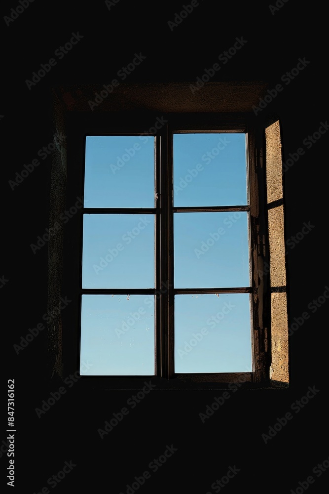 A window in a dark room with a blue sky visible through it, suggesting a glimpse of hope or escape A window in a dark room with a blue sky visible through it, suggesting a glimpse of hope or escape