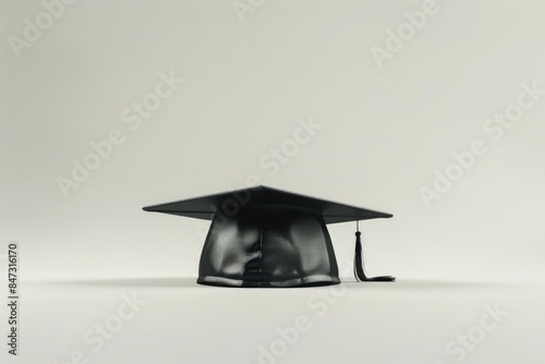 A single black graduation cap placed on a table, useful for editorial and commercial uses