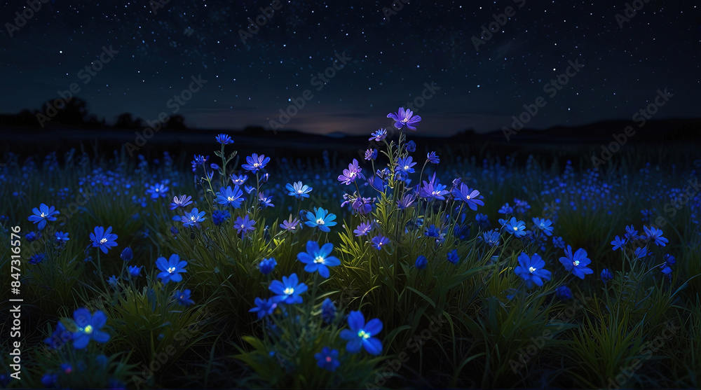 a field of small blue flowers under the night starry sky