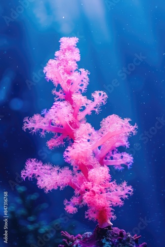 A solitary pink tree stands tall in the midst of the ocean, surrounded by calm waters