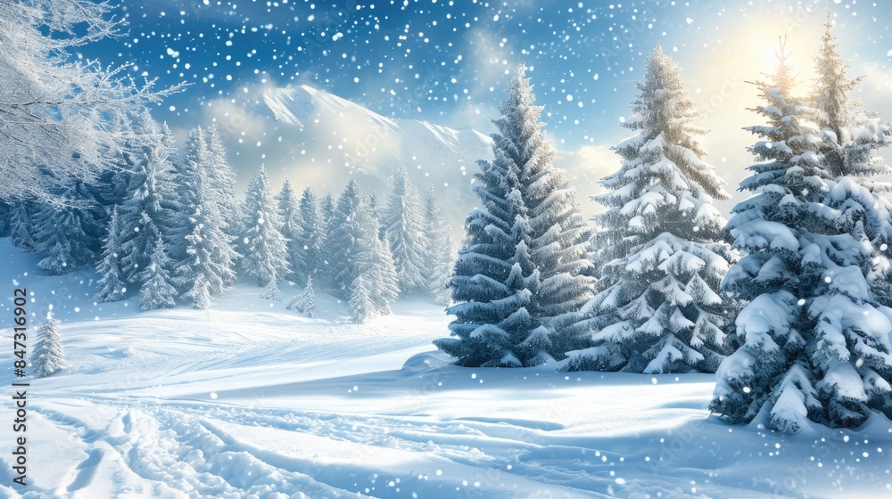 Fototapeta premium A serene winter scene with tall pine trees standing in front of a snow-covered landscape