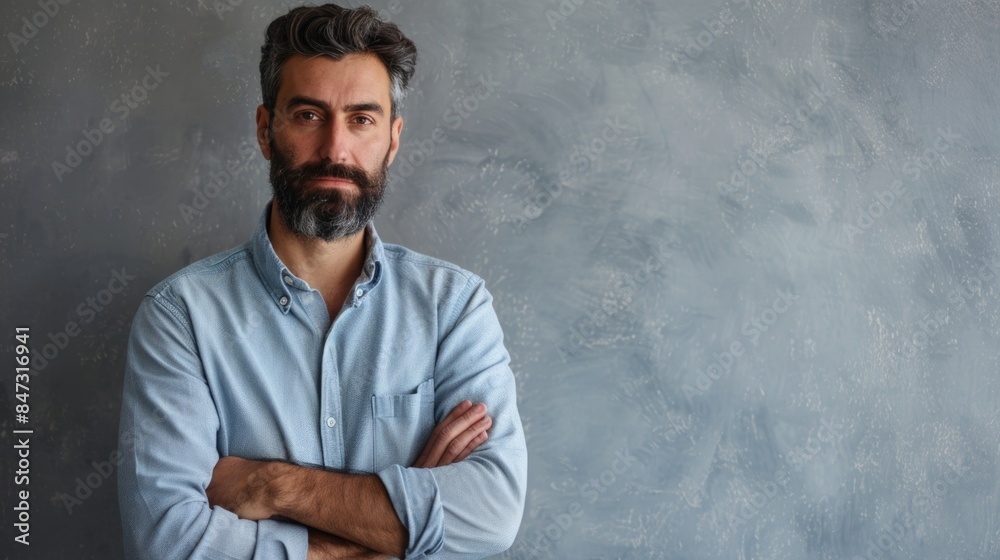 A man with a long beard stands with his arms crossed, looking confident A man with a long beard stands with his arms crossed, looking confident