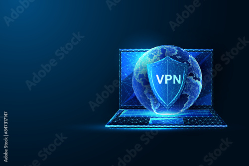 VPN, global cybersecurity, online privacy protection futuristic concept with laptop, Earth, shield 