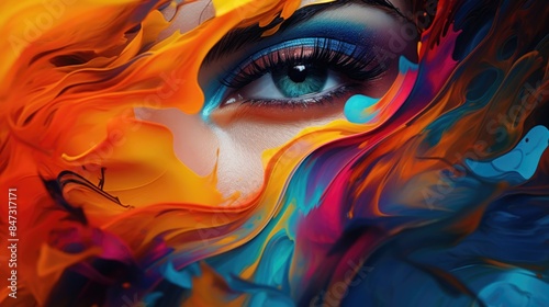 Close-up shot of a woman's face covered in vibrant paint colors photo