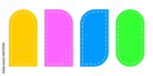 Set of colorful arch, semiarch, leaf and double arc patches with stitch lines. Templates for labels, tags or text boxes invitation in archway spahes isolated on white background. Vector illustration.