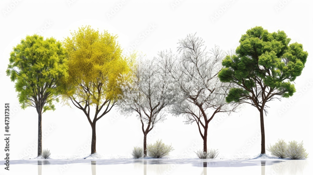 Four trees covered in snow stand together in a forest scene Four trees covered in snow stand together in a forest scene