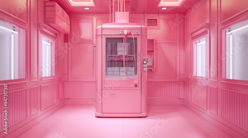 A pink room with a pink vending machine. The room is very bright and colorful, giving off a cheerful and playful vibe