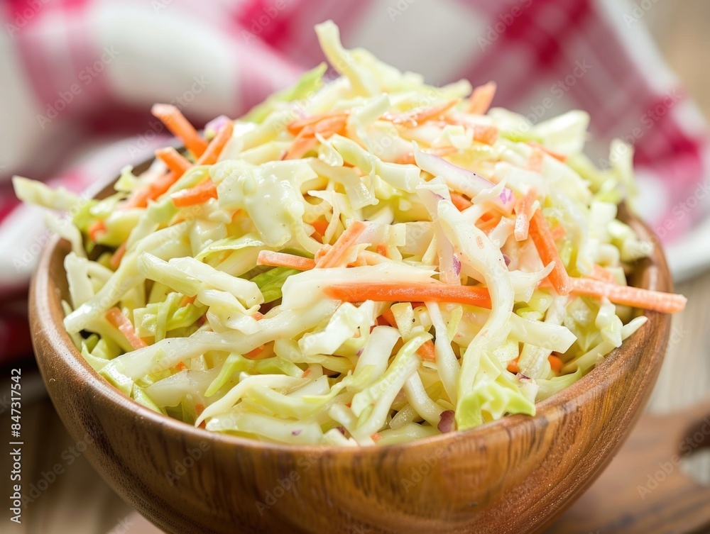 A simple and colorful arrangement of coleslaw and carrots on a wooden table A simple and colorful arrangement of coleslaw and carrots on a wooden table