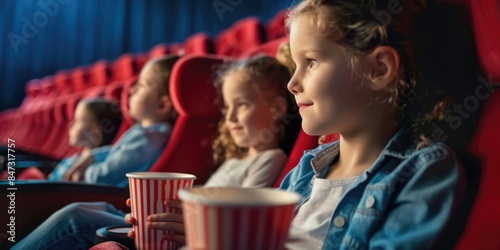 Group of children enjoying a film at the movies, suitable for illustrations or storytelling about family time