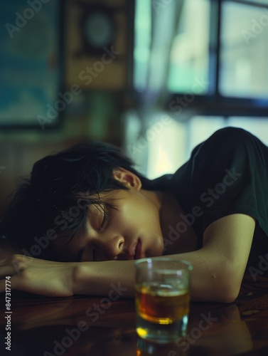 A person snoozing near a glass of liquor, potential for nightlife or party scenes