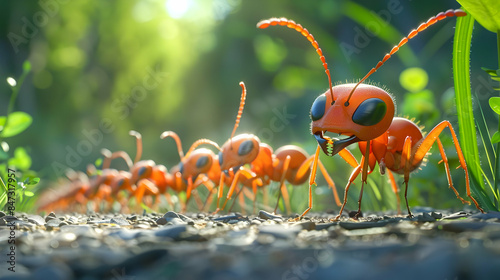 a group of orange bugs, including an orange crab, gather around a green leaf in a close - up shot photo