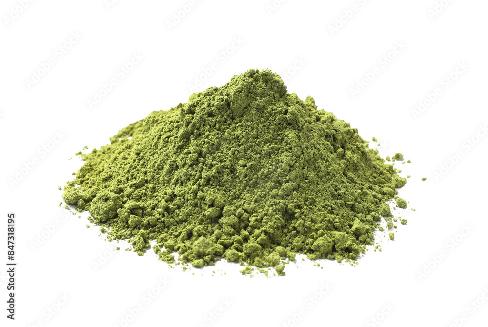 Pile of green matcha powder isolated on white Pile of green matcha powder isolated on white