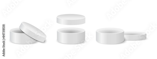 Open round box mockups. Cardboard or steel containers for gifts or hats, cosmetics or medicine, sweets or cookies. Silver cylindrical packages. Vector realistic illustration.