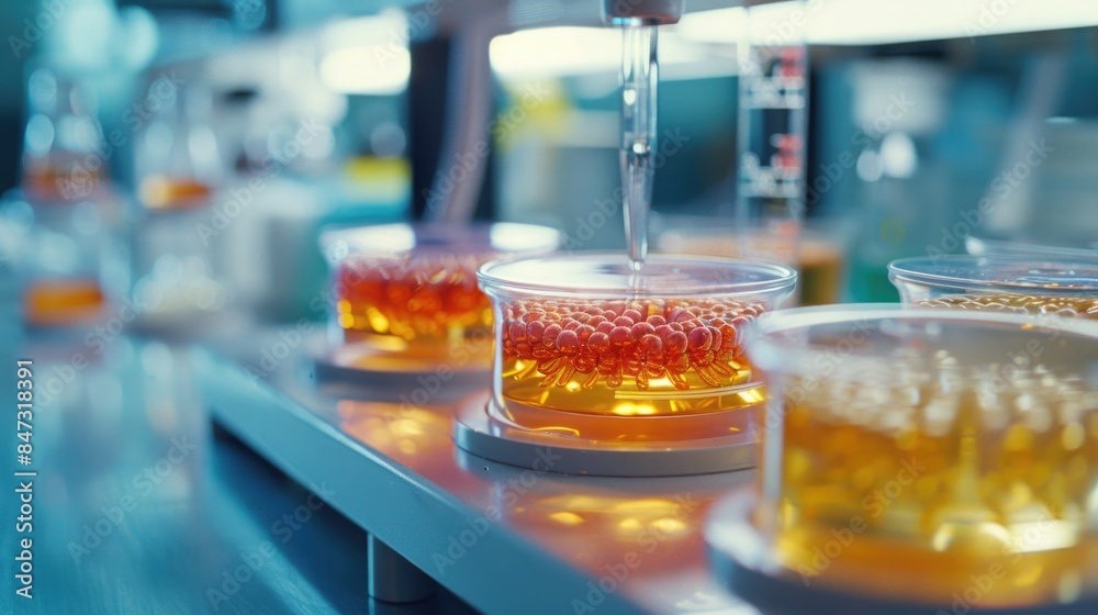 A row of laboratory beakers filled with various colored liquids, used in scientific experiments and testing A row of laboratory beakers filled with various colored liquids, used in scientific experiments and testing