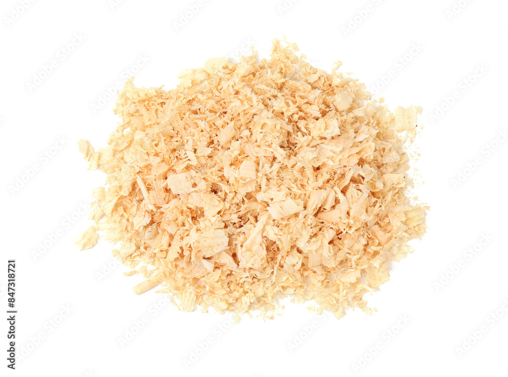Pile of natural sawdust isolated on white, top view Pile of natural sawdust isolated on white, top view
