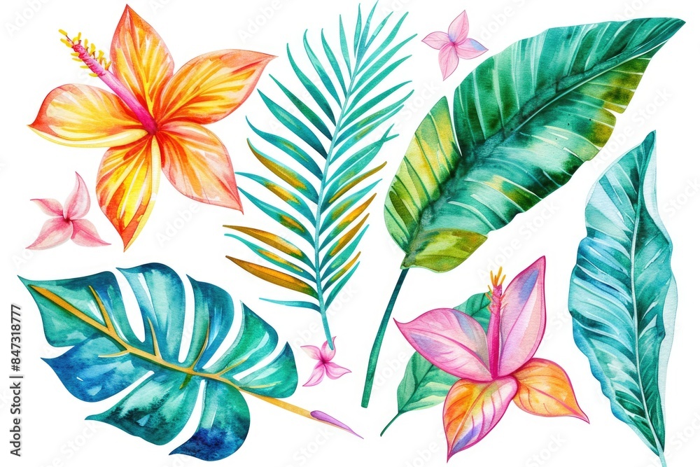 Watercolor illustration of various tropical leaves and flowers Watercolor illustration of various tropical leaves and flowers