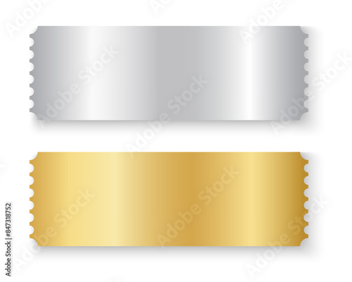 Blank silver and gold ticket mockups. Raffle, win lottery, coupon offer, jackpot lotto shining surface. Cards for entrance or seating in exclusive luxury style. Vector realistic illustration.