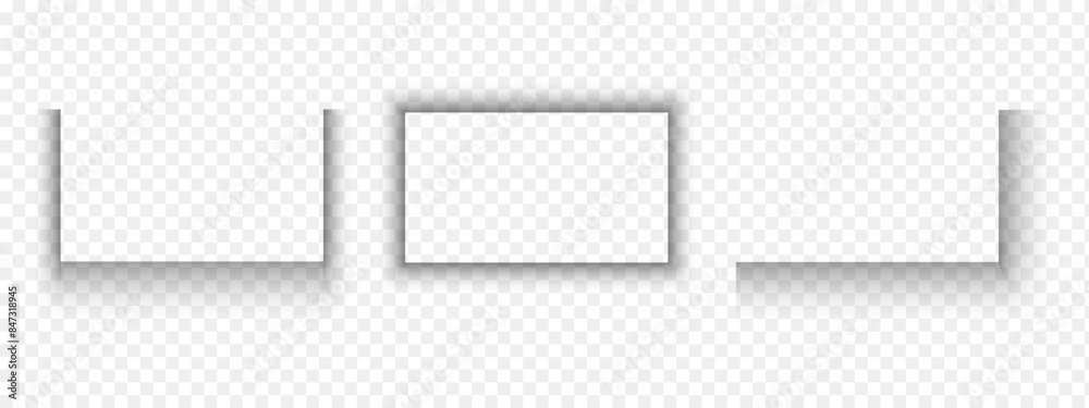 Set of rectangular paper page or packing box shadow effects. Blurry grey shapes. Rectangle and corner shades isolated on transparent background. Vector realistic illustration.