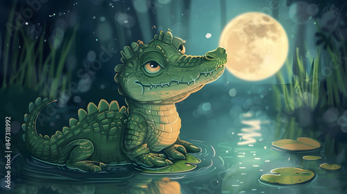 a cartoon alligator with a yellow eye sits in a pond, surrounded by a white moon and a yellow fish © Fathur