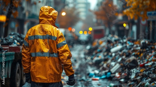 A sanitation worker wearing reflective yellow rain gear stands amidst urban waste on a wet day