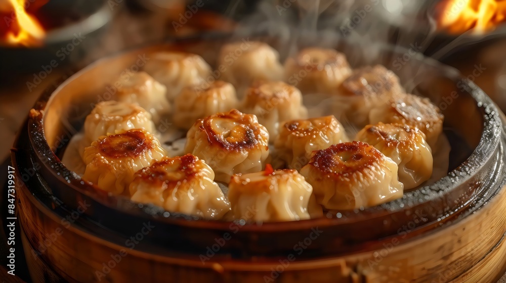A large bowl of steamed dumplings with a lot of steam coming out of it A large bowl of steamed dumplings with a lot of steam coming out of it