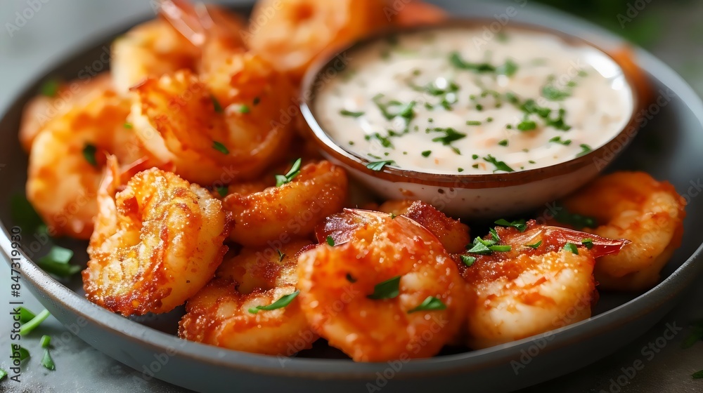 A plate of shrimp with a dipping sauce A plate of shrimp with a dipping sauce