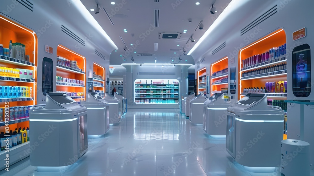 Obraz premium Modern futuristic pharmacy interior with sleek design, illuminated shelves, and a bright, clean atmosphere for seamless shopping experience.