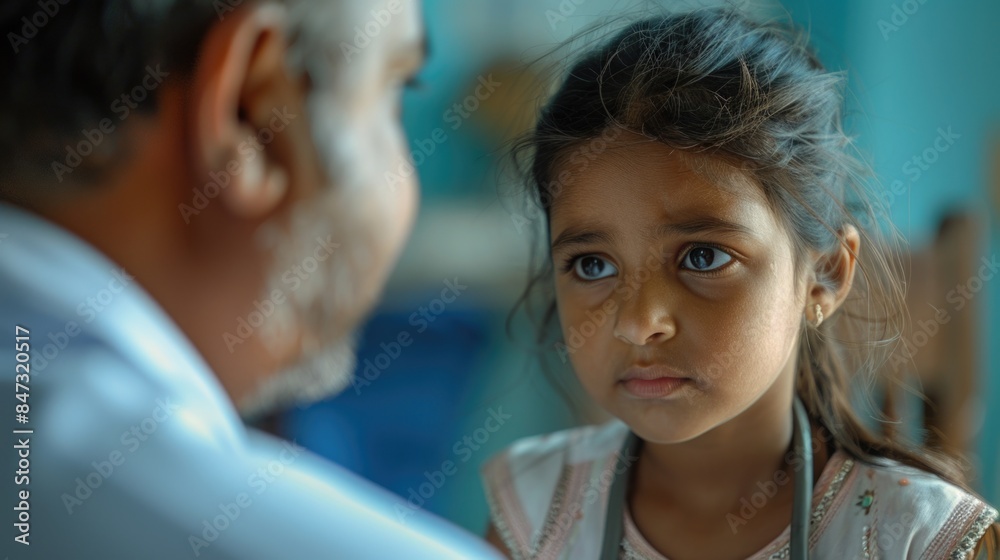 A doctor examines a young girl while holding a stethoscope, providing medical attention A doctor examines a young girl while holding a stethoscope, providing medical attention