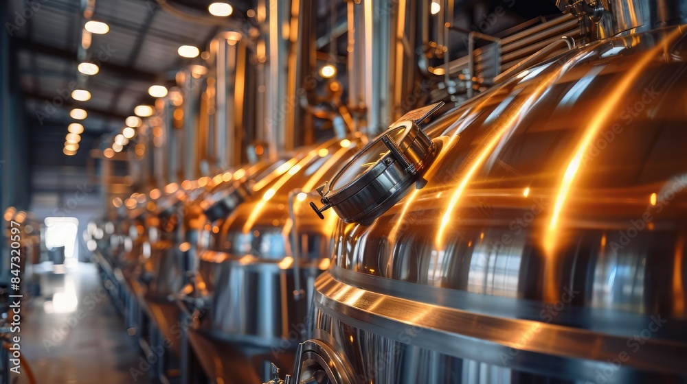 Shiny stainless steel brewing tanks in a modern brewery with a warm, golden light reflecting off the surfaces, highlighting industrial craftsmanship. Shiny stainless steel brewing tanks in a modern brewery with a warm, golden light reflecting off the surfaces, highlighting industrial craftsmanship.