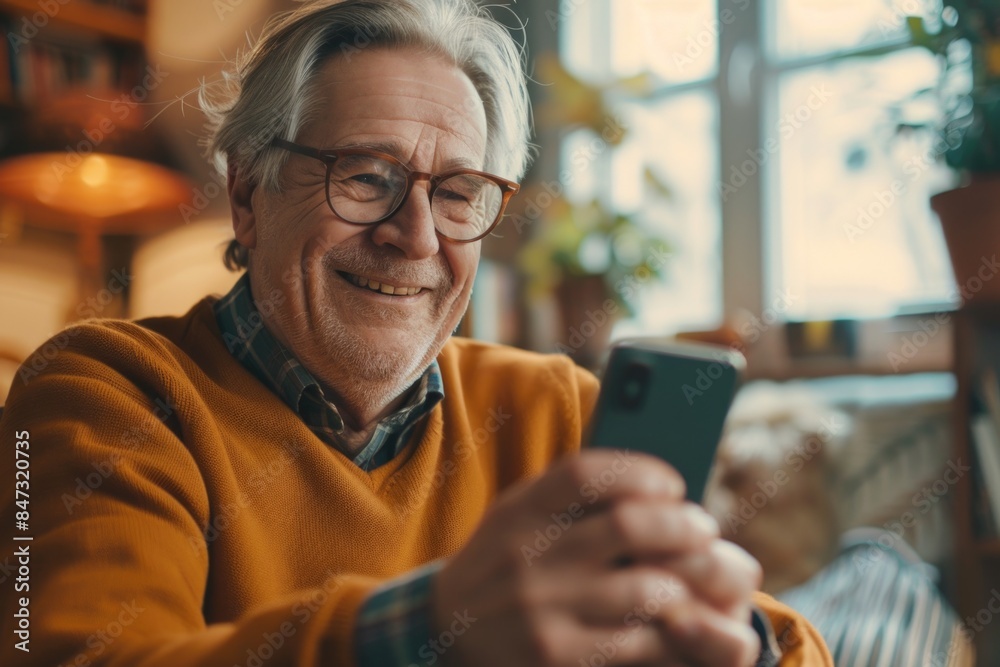 Older man sitting on couch looking at his cell phone, great for depicting modern life scenarios or representing technology use Older man sitting on couch looking at his cell phone, great for depicting modern life scenarios or representing technology use
