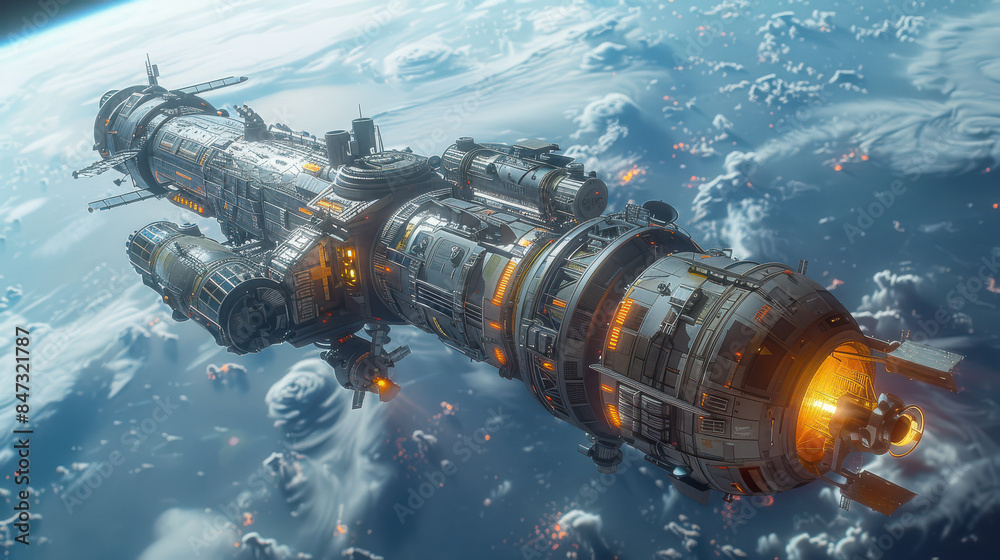 A futuristic space station orbiting a distant planet created with Generative AI technology A futuristic space station orbiting a distant planet created with Generative AI technology
