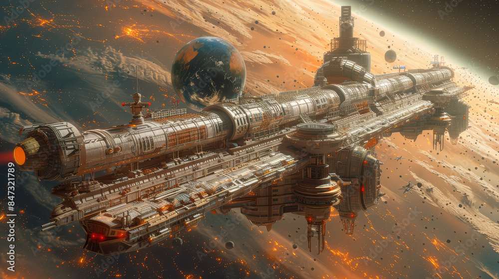 Fototapeta premium A futuristic space station orbiting a distant planet created with Generative AI technology