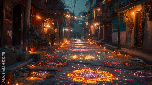 The colorful street is full of lights and flowers during the festival. photo