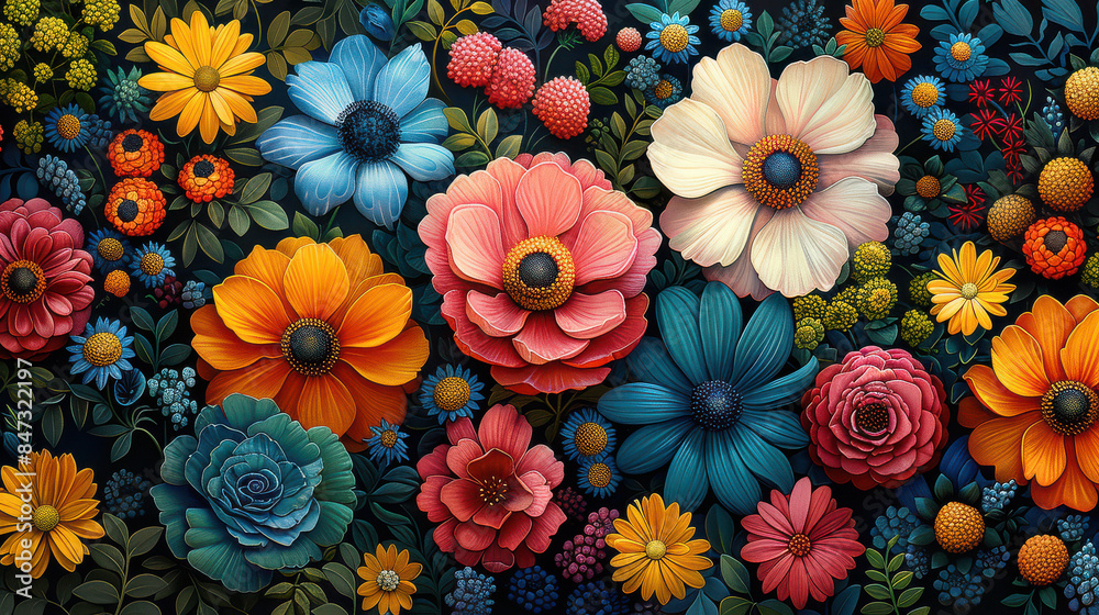 A highly detailed and vibrant botanical illustration created with Generative AI technology