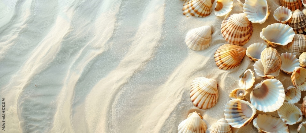 Seashells scattered on sandy beach background for a perfect sea summer getaway with room for text. Seashells scattered on sandy beach background for a perfect sea summer getaway with room for text.