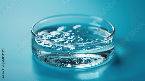 A glass bowl filled with water is sitting on a blue surface. The water is clear and calm, reflecting the blue background. The bowl is the main focus of the image, and it is a simple yet elegant design
