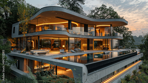 a huge modern mansion built on the hill, with infinity pool, with a view over Graz created with Generative AI technology