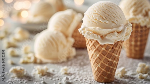 Creamy vanilla ice cream scoop sits in a sugar cone, surrounded by scattered crumbs
