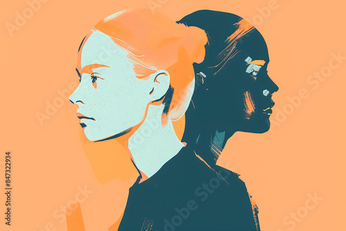 Abstract illustration depicting duality with two contrasting profiles of a woman in vibrant colors.