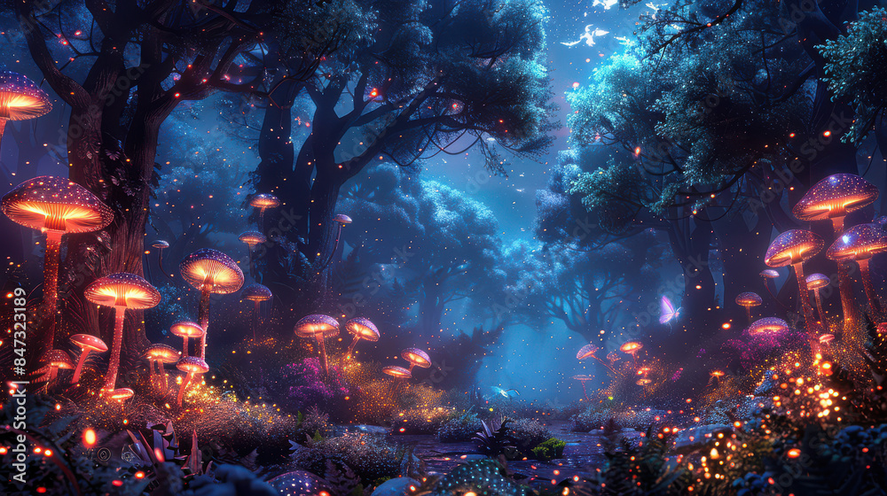 A magical forest with glowing mushrooms created with Generative AI technology A magical forest with glowing mushrooms created with Generative AI technology