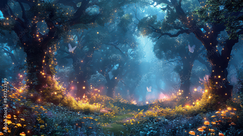 A magical forest with glowing mushrooms, enchanted trees, and a fairy flying above. created with Generative AI technology
