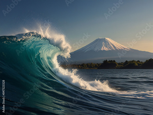 Mount Fuji and big waves