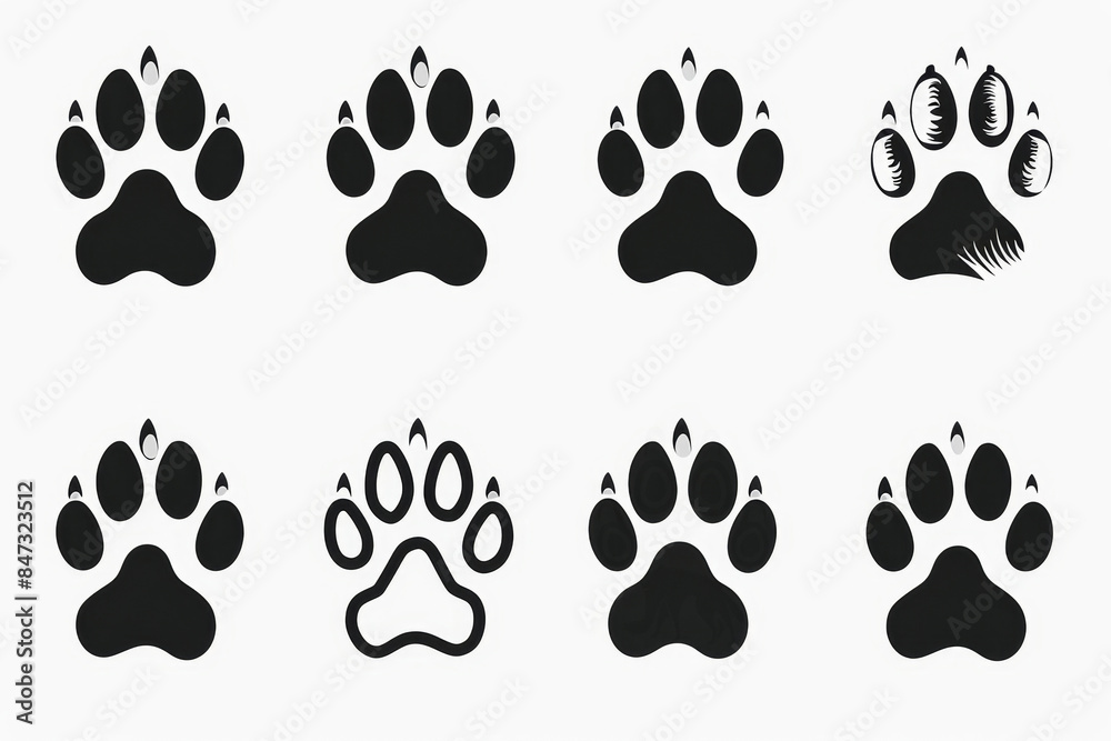 Paw footprint icon, animal foot print, dog step, wolf trail, bear trace silhouette, paw footprint on white Paw footprint icon, animal foot print, dog step, wolf trail, bear trace silhouette, paw footprint on white