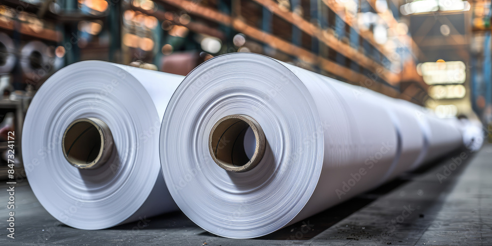 Closeup white big paper rolls in the industrial warehouse or factory Closeup white big paper rolls in the industrial warehouse or factory